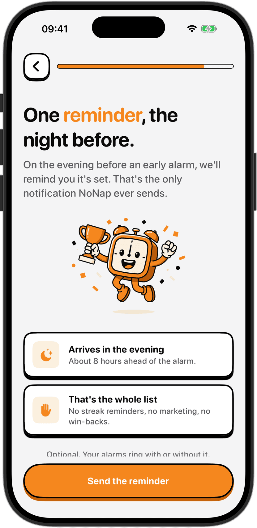The NoNap night-before reminder screen