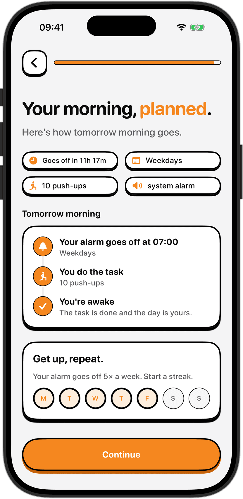 The NoNap morning plan summary screen