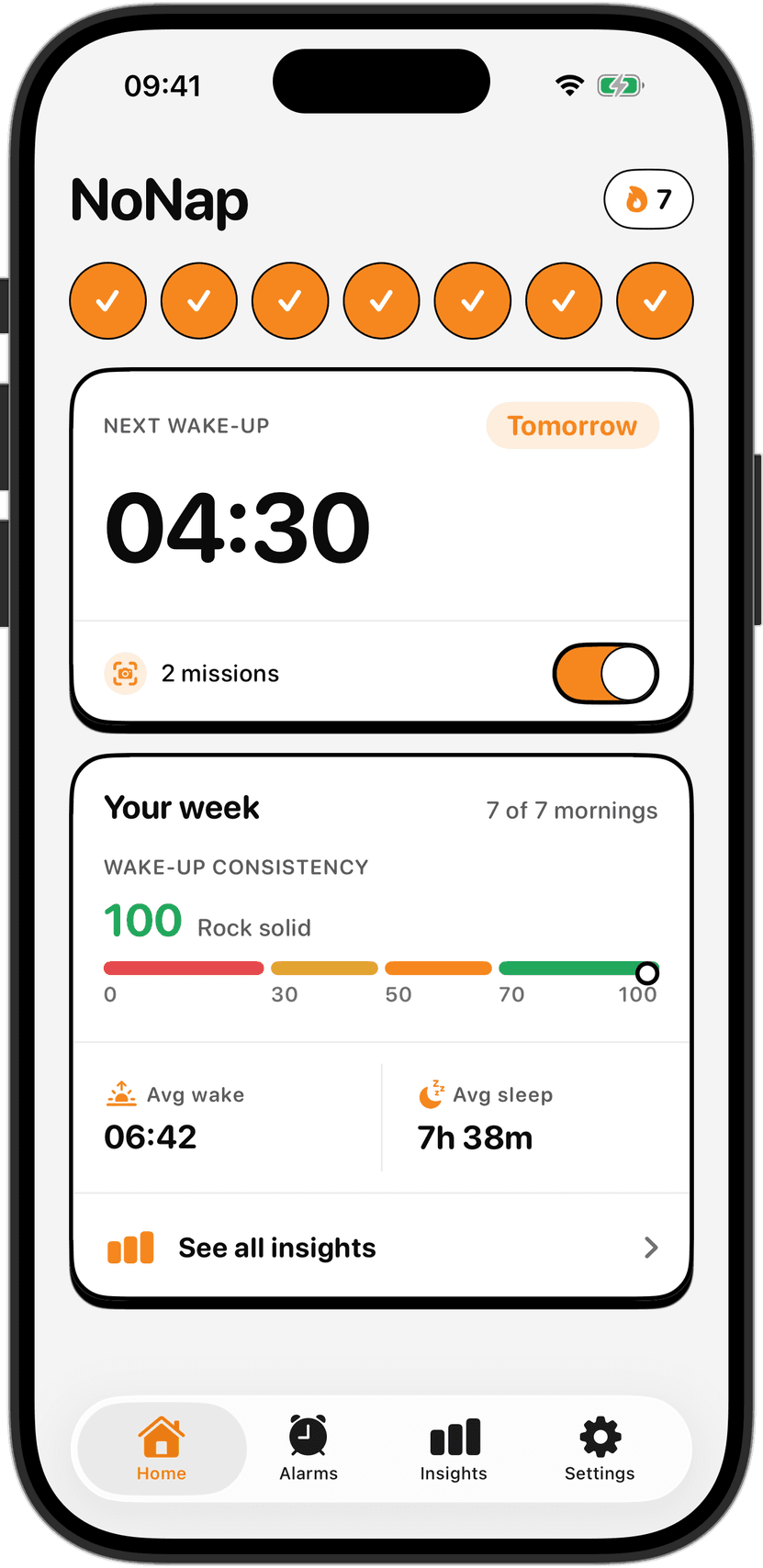 The NoNap home screen showing the next wake-up