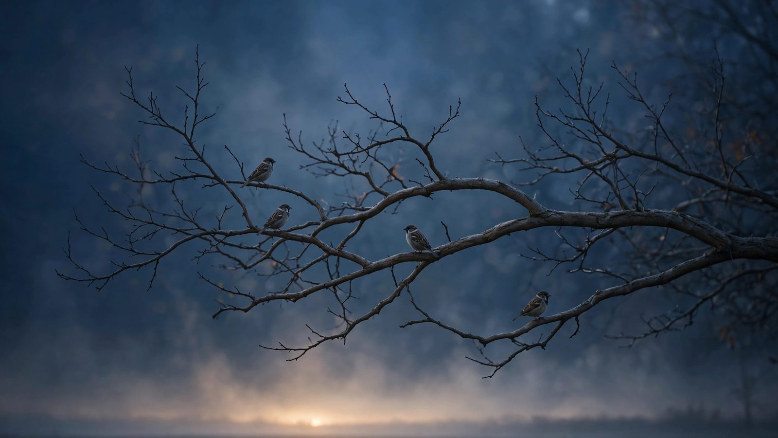 Bare tree branches with a few small birds silhouetted against deep blue mist before sunrise, faint light on the horizon