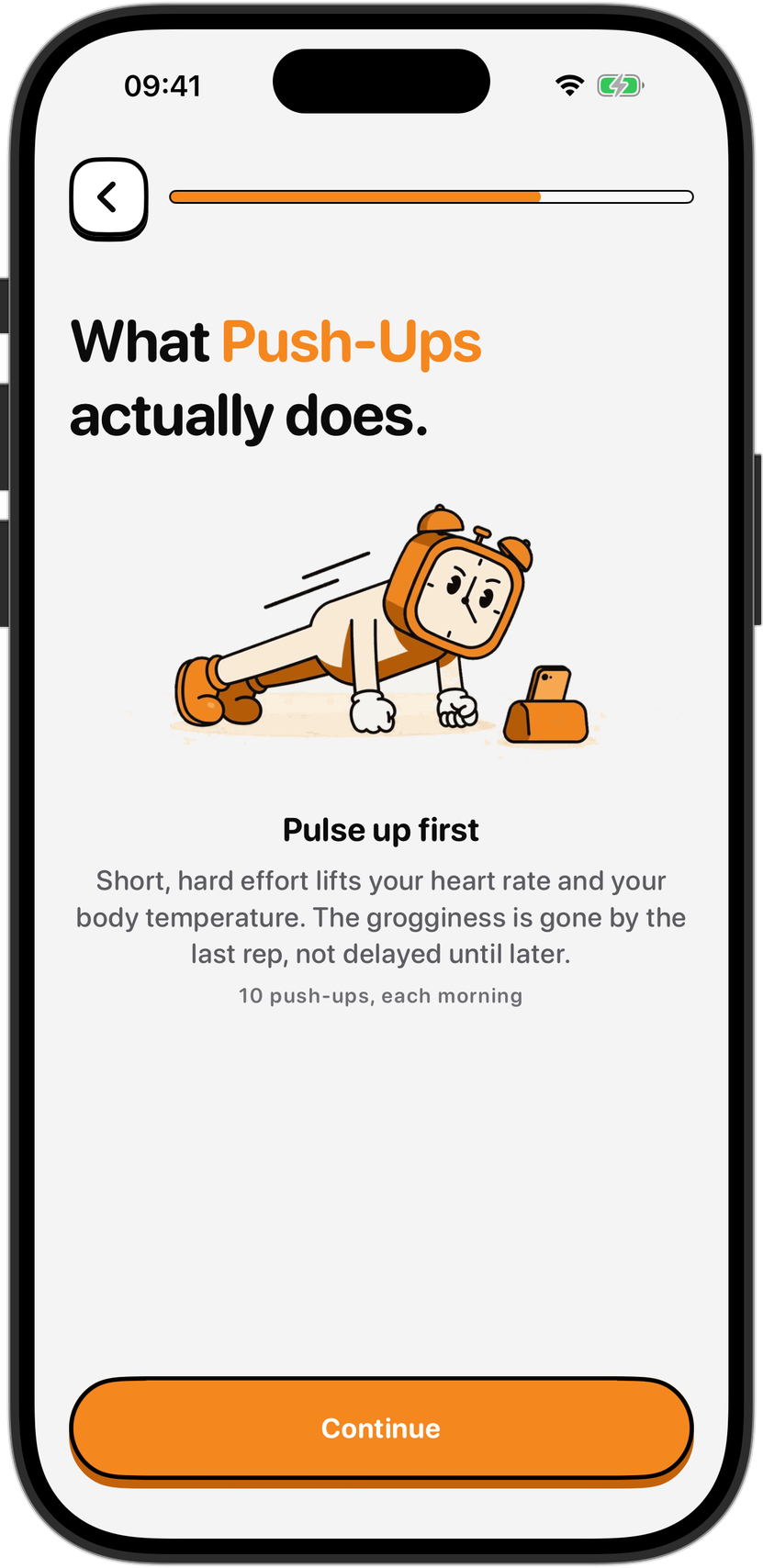 iPhone showing NoNap's push-ups task in progress, with the camera view active and a rep counter on screen