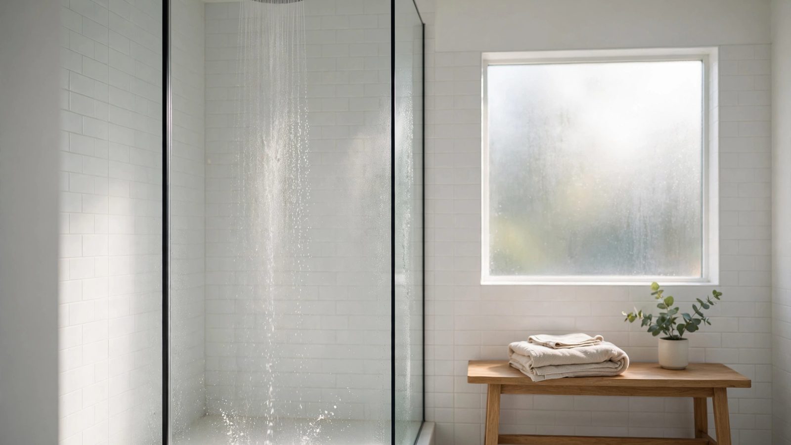 A bright white-tiled bathroom with water pouring from a rain shower head behind a glass screen, a folded towel on a wooden bench under a frosted window