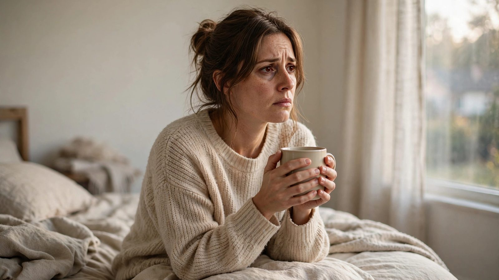 A woman sitting on the edge of her bed in early morning light, holding a mug with both hands and looking tense