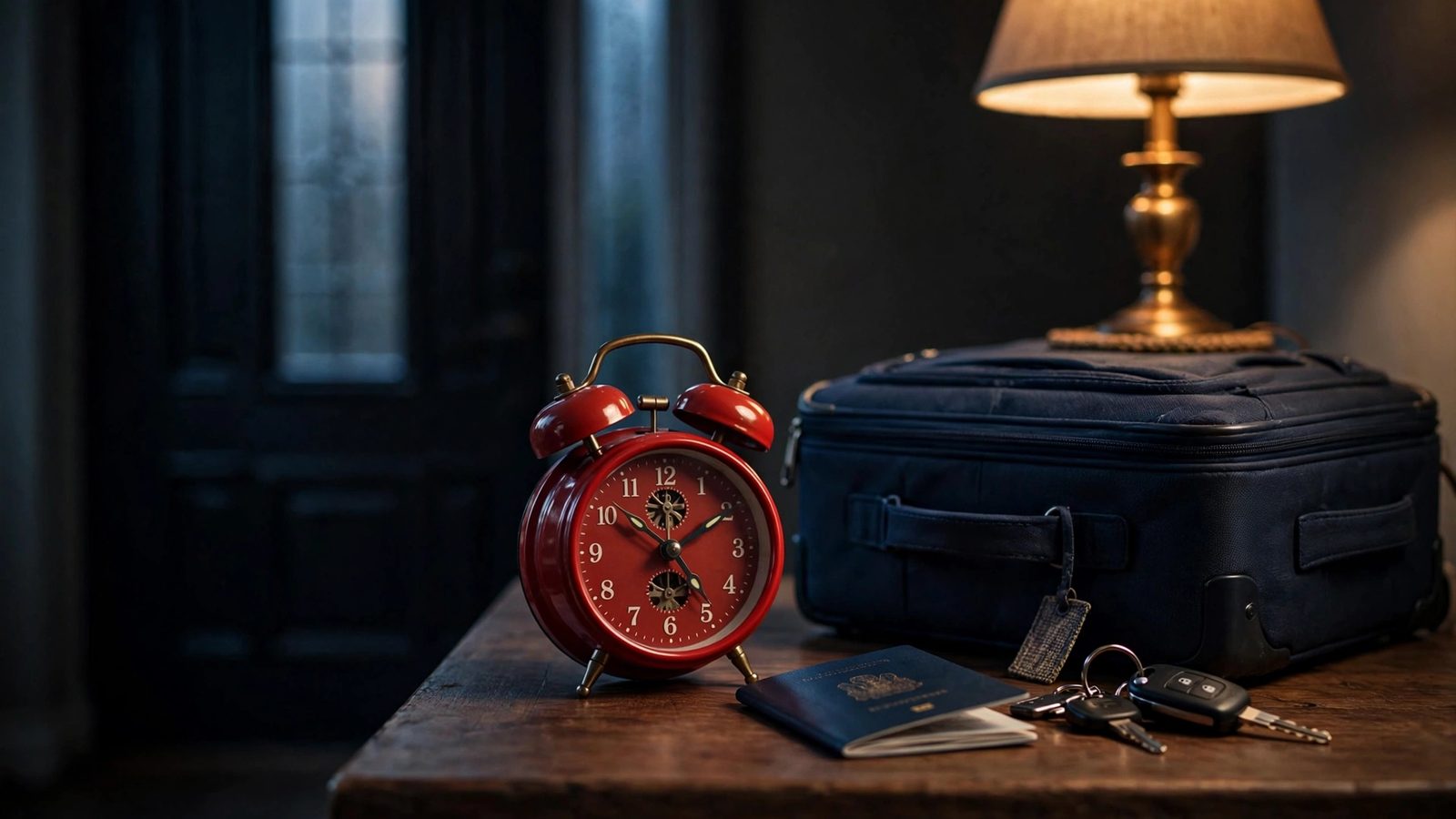 A red twin-bell alarm clock on a hallway table before dawn, beside a packed carry-on suitcase, a passport and car keys