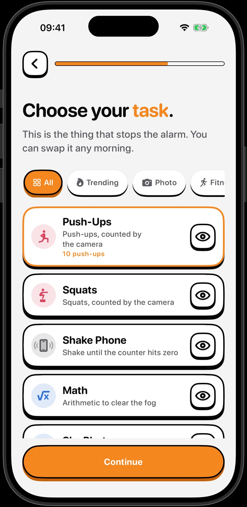 The NoNap wake task picker showing Push-Ups, Squats, Shake Phone and Math options