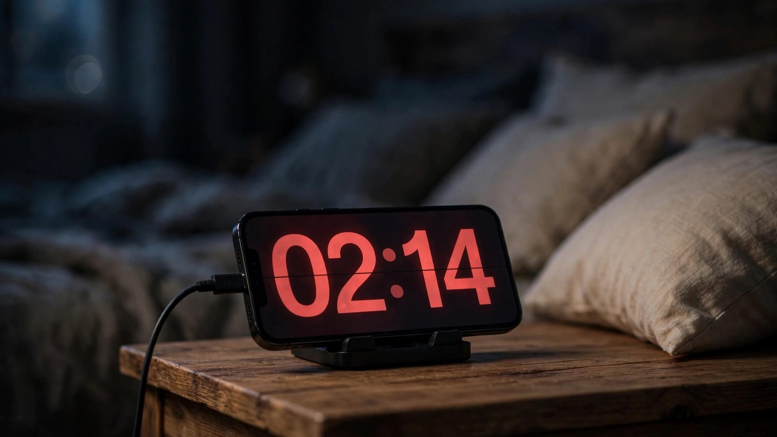 A phone charging on its side on a nightstand in a dark bedroom, showing a large dim red clock