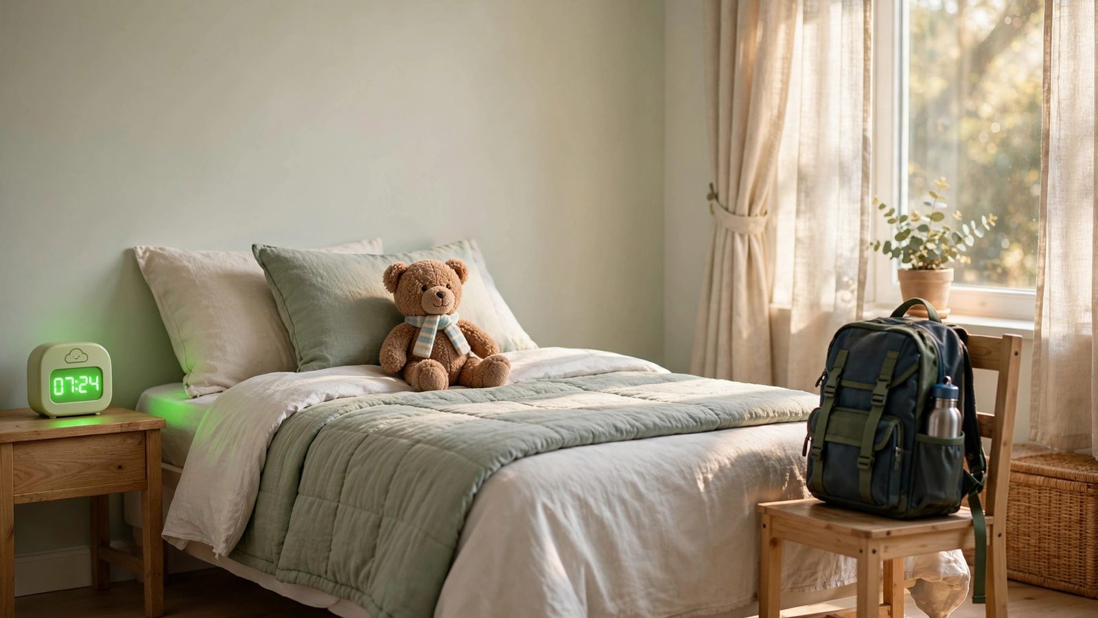 An empty, tidy kids' bedroom in the morning with a green-glowing bedside clock, a teddy bear on the made bed and a school backpack on a chair