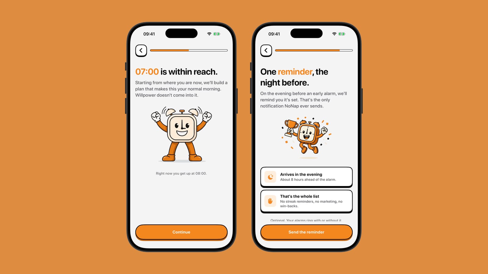 Two iPhone screens on a brand-orange background: NoNap's realistic wake-time goal screen and its night-before reminder screen