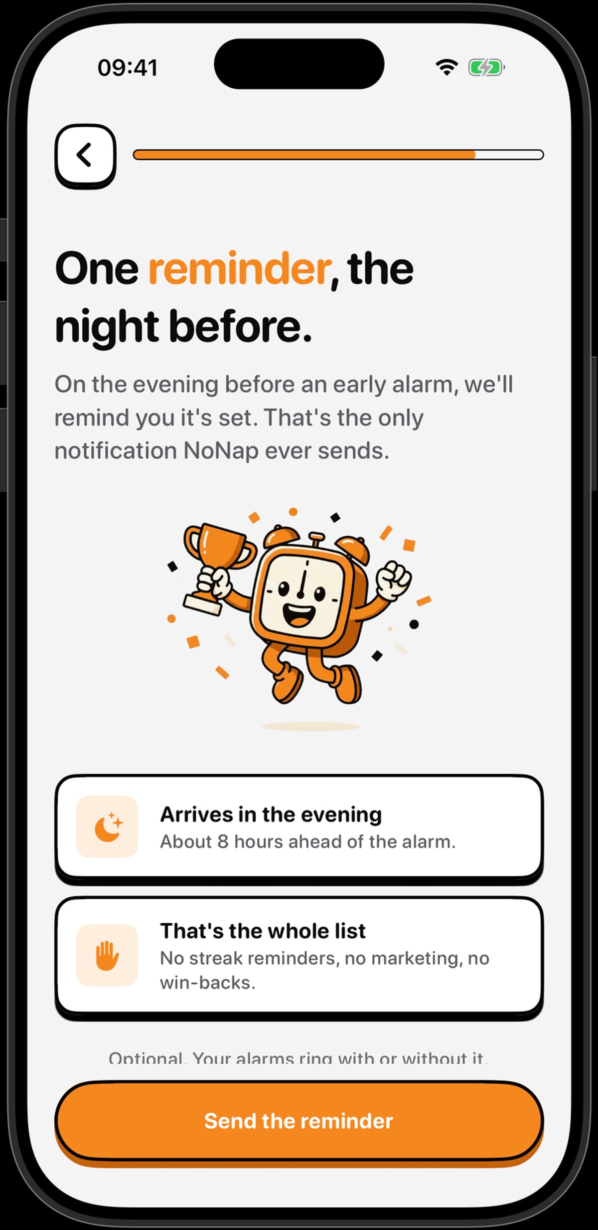 The NoNap night-before reminder screen prompting a wind-down before bed