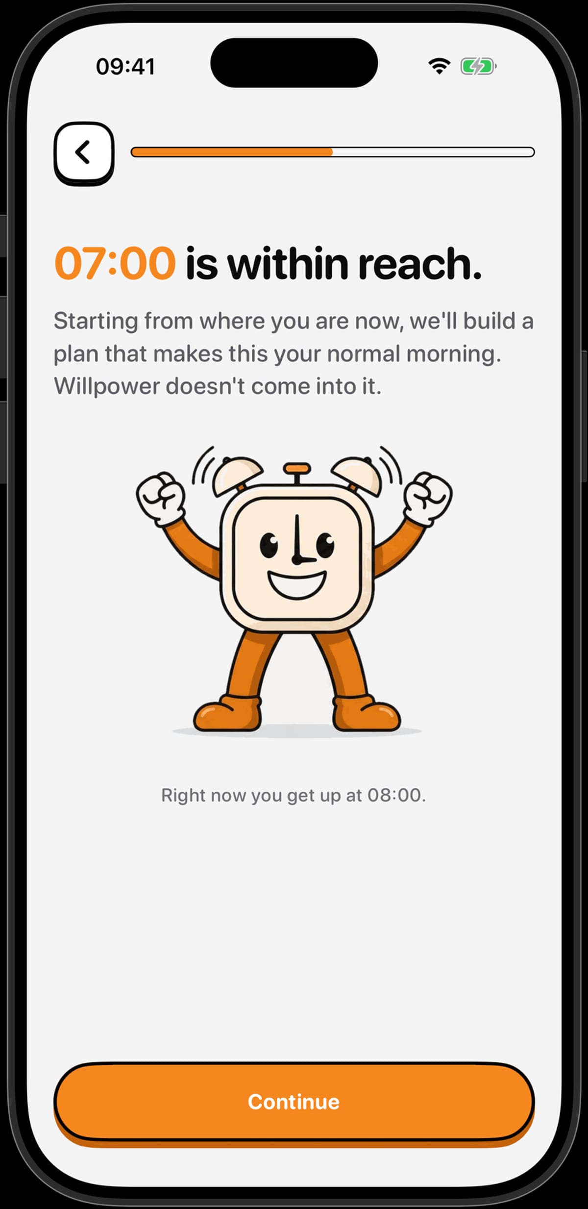 The NoNap wake-time goal screen showing a realistic target time instead of an aspirational one