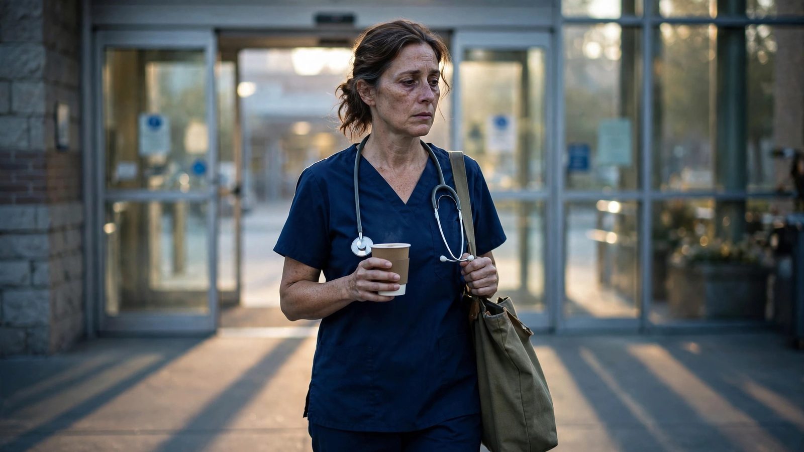 A tired nurse in navy scrubs walking out of a hospital entrance at sunrise with a coffee cup and a bag