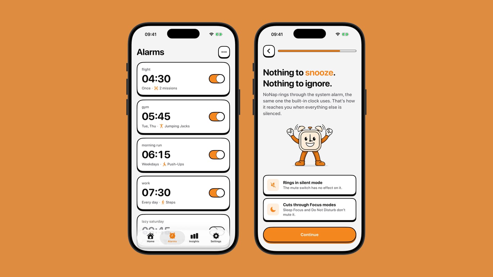 Two NoNap screens on an orange background: the alarms list and the explainer for ringing through silent mode