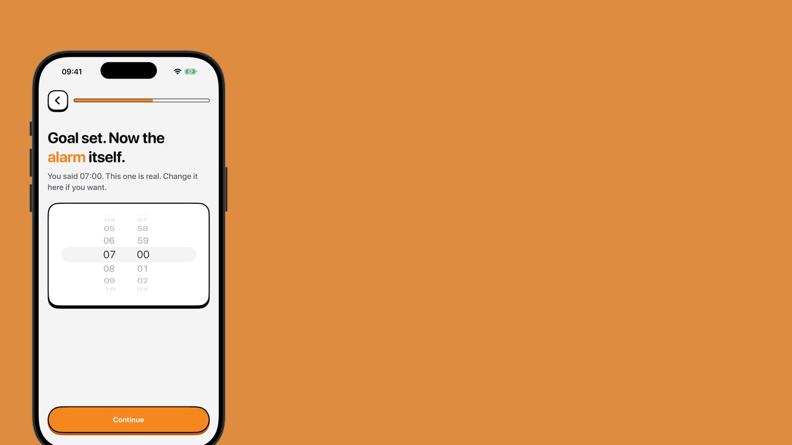 iPhone showing alarm screen compared with NoNap wake task picker on brand orange background