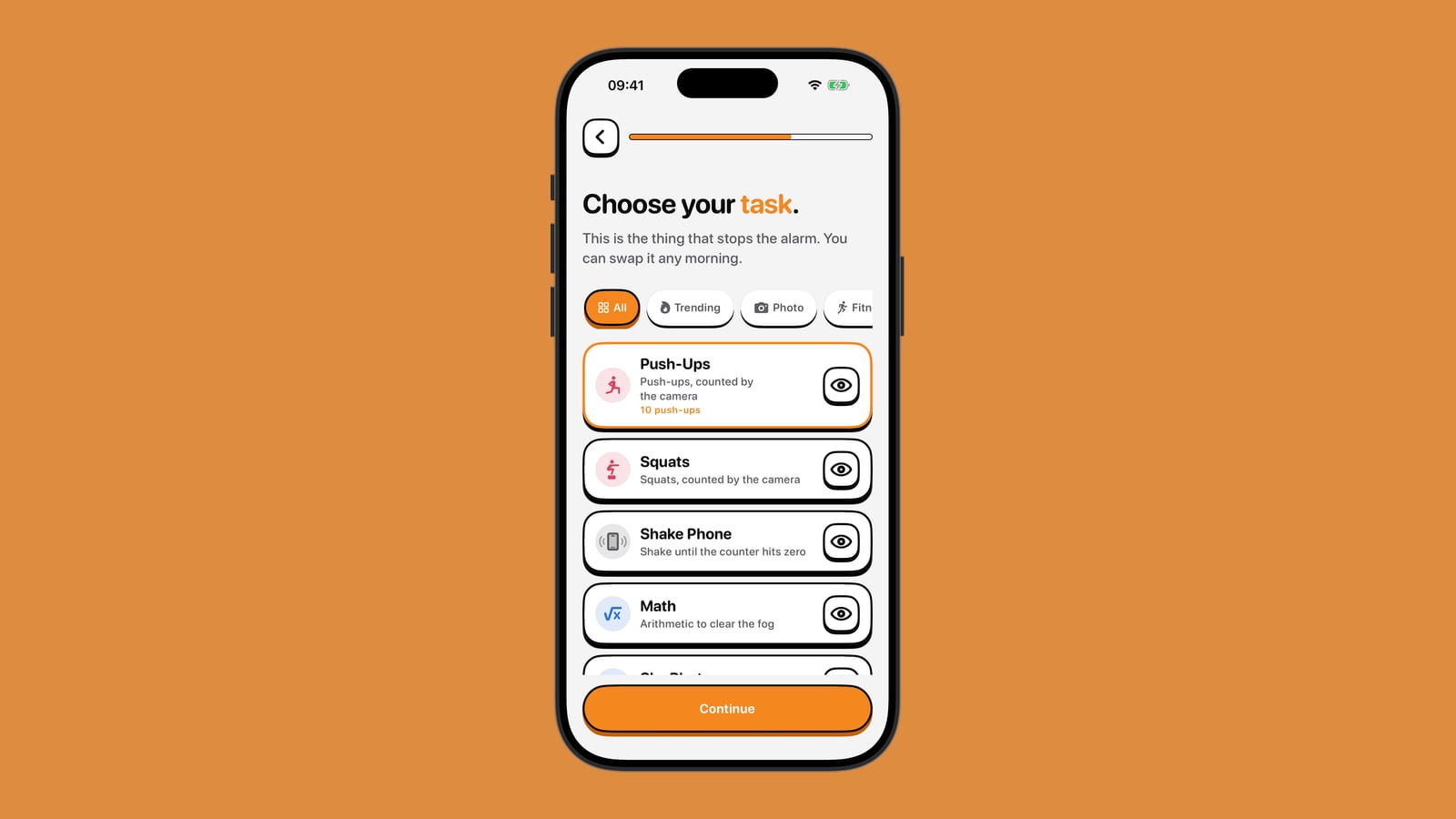 iPhone showing NoNap's wake task picker with Photo and Object options highlighted on a brand-orange background
