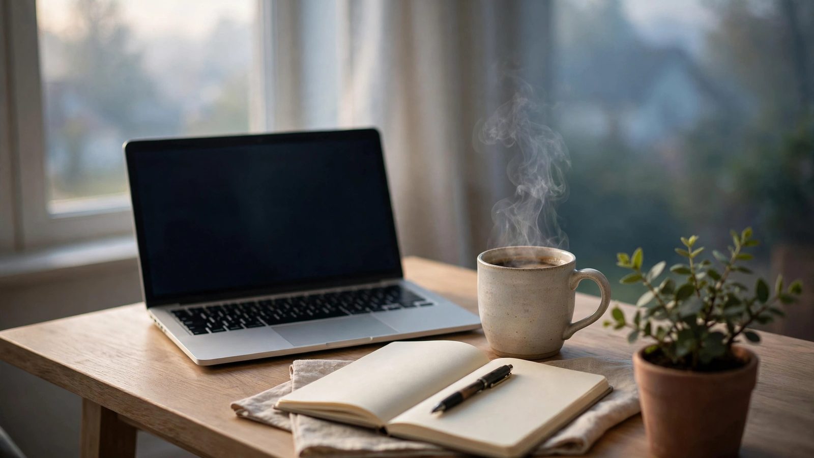 A home office desk at dawn with an open laptop, a steaming mug of coffee, a notebook and a small plant by the window