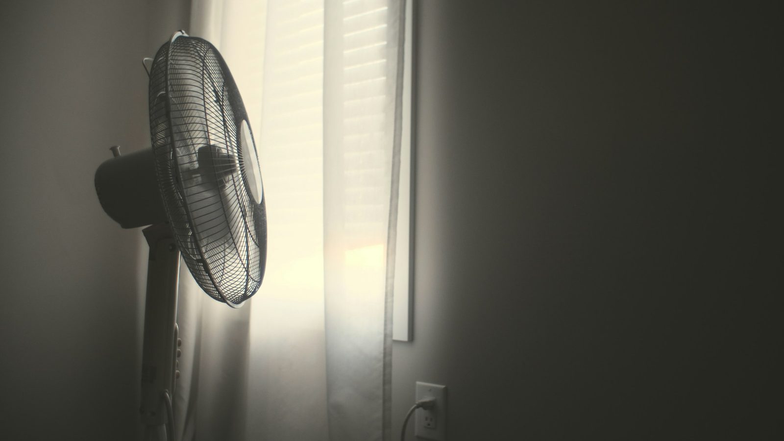 A black pedestal fan aimed at a sunlit window with sheer curtains in a dim bedroom