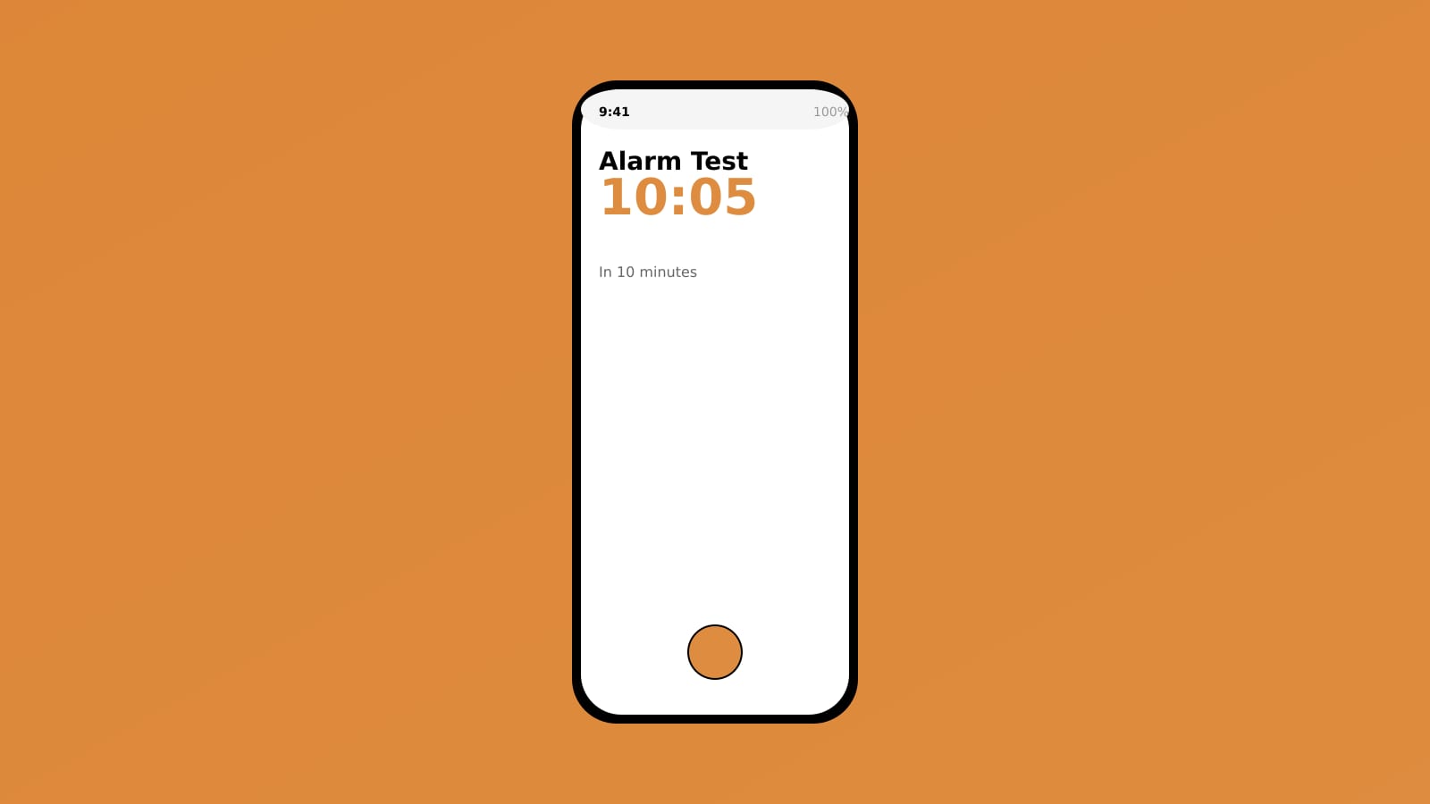 An iPhone screen showing a test alarm set for 10 minutes from now, on a bright orange background