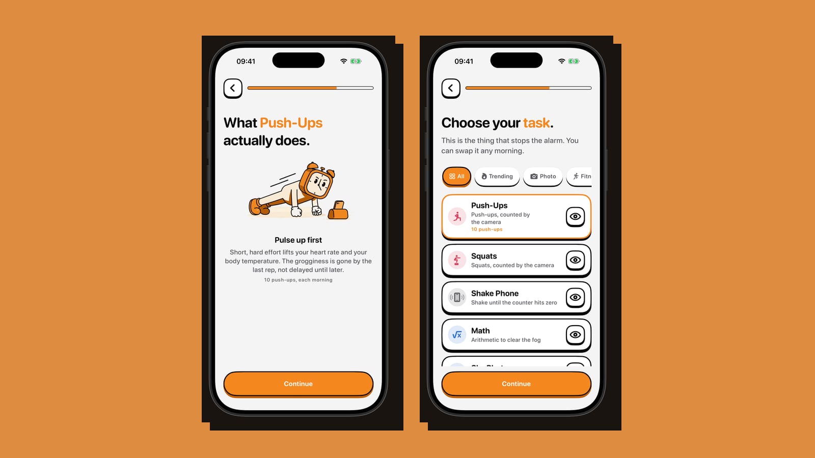 Two iPhone screens side by side on a brand-orange background: NoNap's push-ups explainer and its wake task picker showing Push-Ups, Squats, Shake Phone and Math