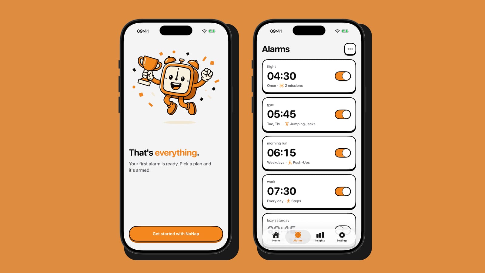 Two iPhone screens on a brand-orange background: NoNap's onboarding-complete screen next to its alarms list, both reached without ever creating an account